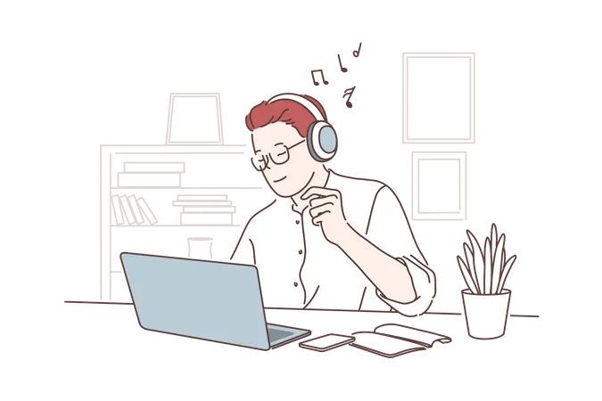 Work Pause Take Break Concept Office Worker Listening To Music Young Man Working On Laptop In Headphones Freelancer Workplace Employee Cabinet Project Manager Workflow Simple Flat Vector Illustration