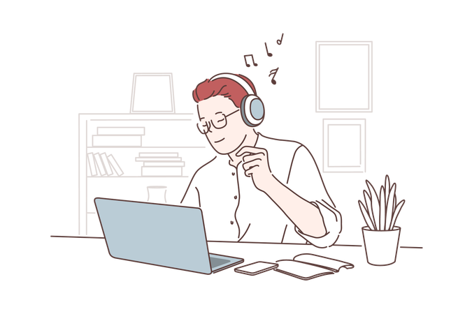 Employee is listening music while working on laptop  Illustration