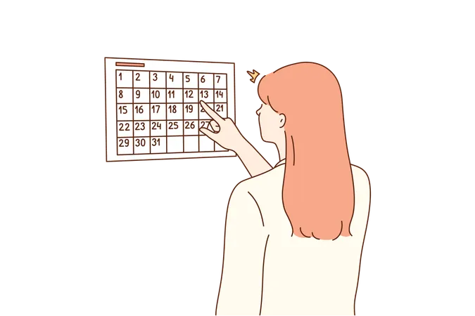 Examination Pregnancy Checkup Concept Young Worried Woman Girl Cartoon Character Checking Looking At Calendar For Pregnant Terms Or Menstruation Periods Waiting For Holidays Vacations Illustration Illustration