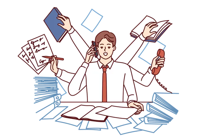 Multi Armed Man Multitasking With Documents And Talking On Phone At Same Time Sitting In Office Clerk Guy Wants To Achieve Career Success Multitasking To Please Boss Or Become Manager Illustration