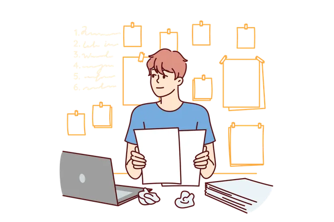Man Freelancer Is Doing Paperwork Sitting At Table With Laptop And Documents And Thinking About Plan For Further Actions Guy Does Paperwork And Makes List Or Checklist Of Future Tasks Illustration