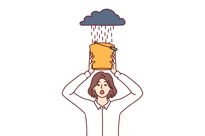 Woman Afraid Of Rain Covering Head With Bucket Of Water For Concept Of Business Problems And Crisis Situation Girl In Formal Wear Stands Under Cloud With Shower And Needs Help From Crisis Manager Illustration