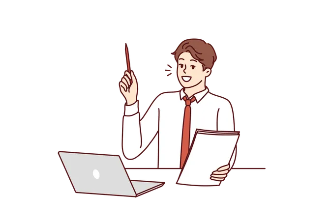 Businessman Is Sitting At Table With Laptop Raising Pen Up Participating In Webinar On Management Guy Student With Notebook In Hand Raises Hand Wishing To Become Successful Businessman Illustration