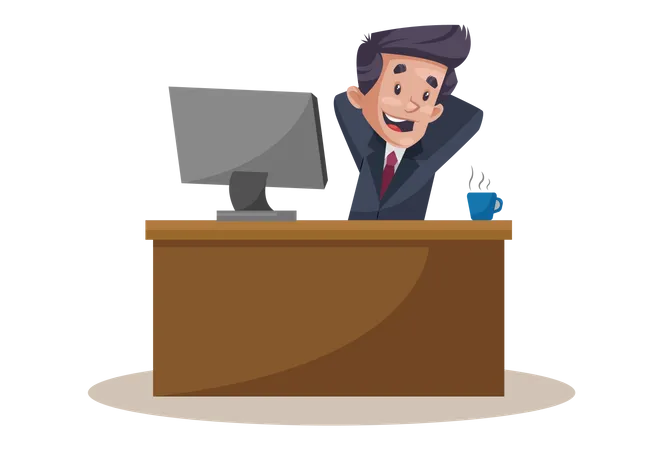 Employee is sitting in a relaxing mood at office desk  Illustration