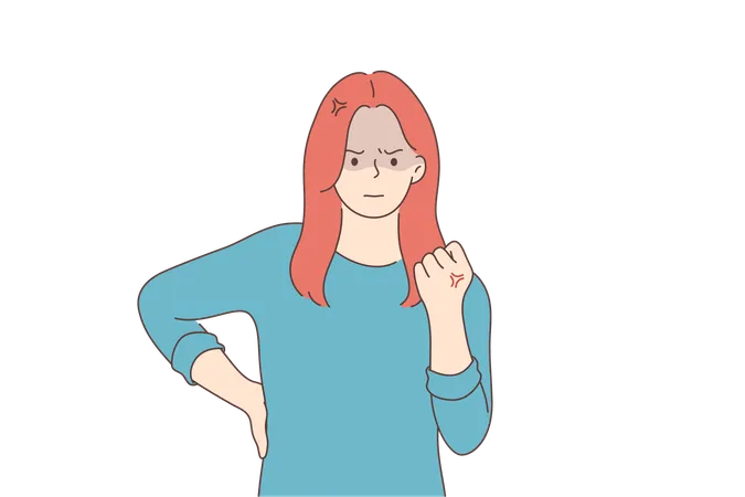 Emotion Face Anger Fury Frustration Concept Young Angry Unhappy Frustrated Furious Woman Girl Teenager Character Threatening Fist With Rage And Aggression Negative Facial Expression Illustration Illustration