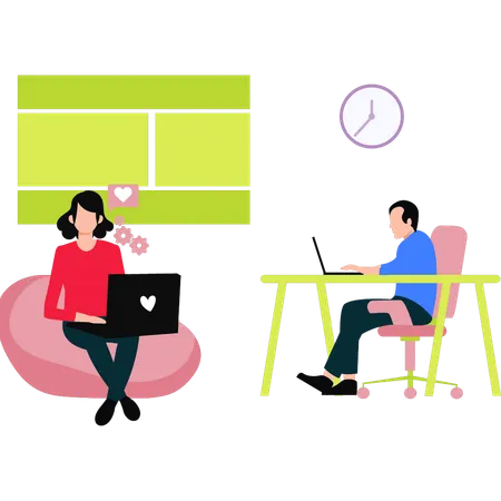 A Boy And A Girl Are Working In An Office Illustration
