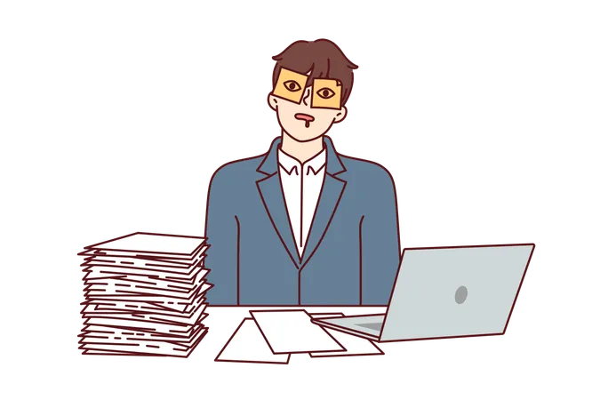 Man Office Worker Is Sleeping At Workplace With Sticky Stickers On Eyes And Sitting At Table With Papers And Computer Guy Is Tired Of Paperwork And Bureaucratic Procedures Sleeping Illustration