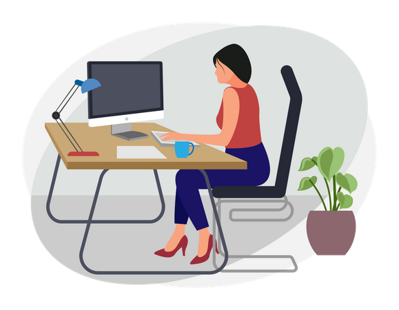 Employee  lady working on desk  Illustration