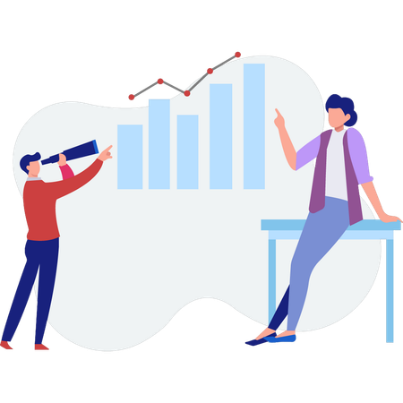 Employee looking bar graph by using spyglass  Illustration