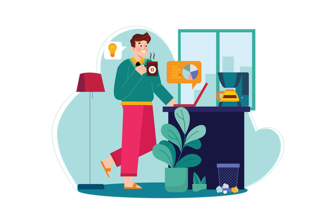 Employee making coffee while working from home Illustration
