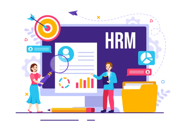 HRM Human Resource Management Vector Illustration With System Managing Company Employee For Marketing Materials And Business Background Design Illustration