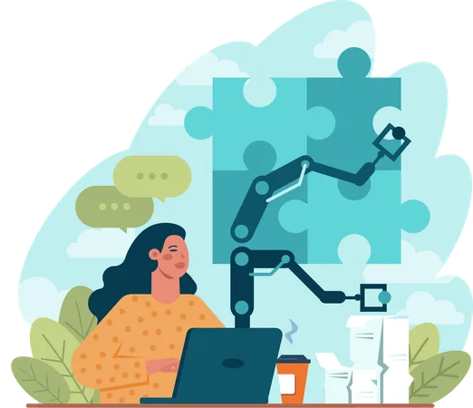 Employee needs robotic help in resolving business puzzle  Illustration