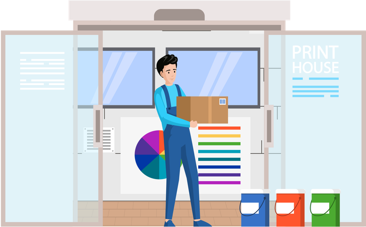 Employee of printing house carries boxes with paint for printer working  Illustration