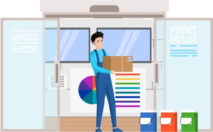Employee of printing house carries boxes with paint for printer working  Illustration