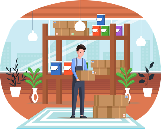 Employee of printing house folding boxes with materials inks paints in warehouse of typography  Illustration