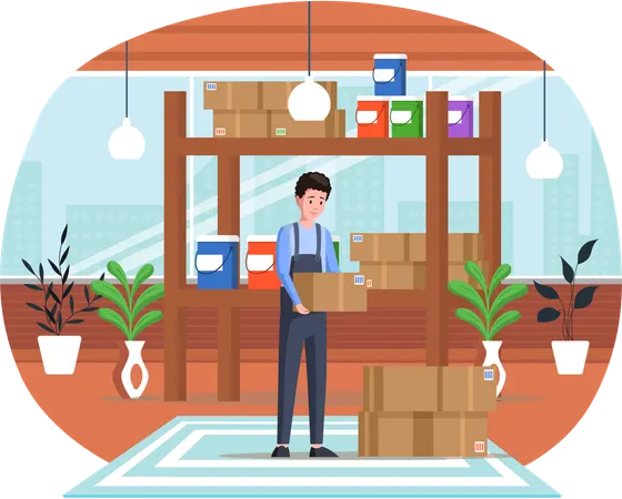 Employee of printing house folding boxes with materials inks paints in warehouse of typography  Illustration