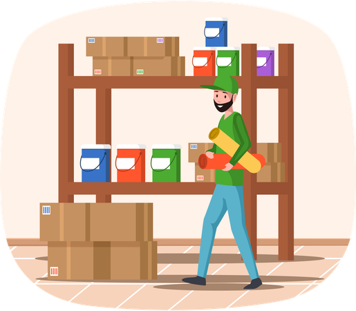 Employee of printing house is carrying colored paper for printer working in warehouse of typography  Illustration