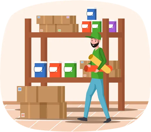 Employee of printing house is carrying colored paper for printer working in warehouse of typography  Illustration
