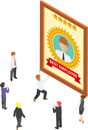 Flat 3 D Isometric Business People Celebrate Best Employee Award Employee Of The Month Concept Illustration