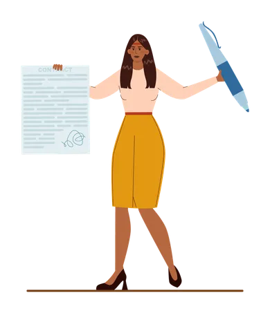 Native American Businesswoman With Contract Paper Character Wearing Business Casual Clothing Official Agreement Idea Of Partnership And Corporate Business Flat Vector Illustration Illustration