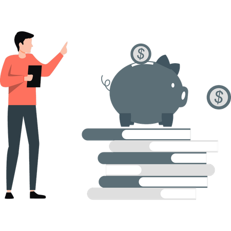 Employee pointing to save money in piggy bank  Illustration