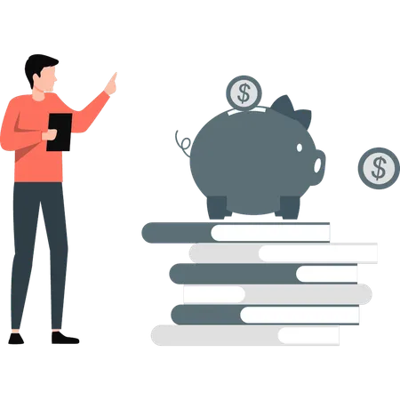 Employee pointing to save money in piggy bank  Illustration