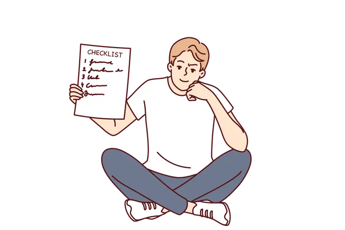 Man Demonstrates Checklist Recommending Time Management And Organizing Own Work Smart Smiling Guy Is Sitting And Holding Checklist With Tasks For Day Or Step By Step Plan To Achieve Goal In Hand Illustration