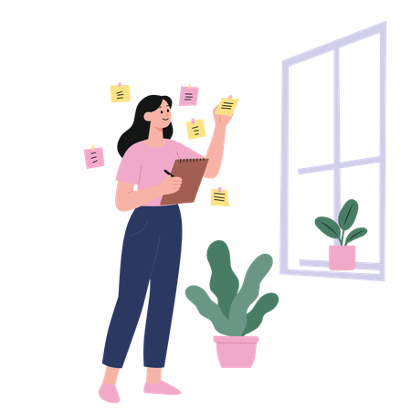 Employee prepares reminder notes in home  Illustration