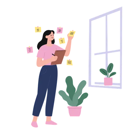 Employee prepares reminder notes in home  Illustration