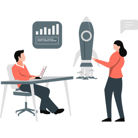 Employee presenting startup rocket  Illustration