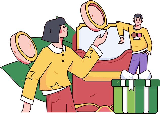 Employee receiving shopping coins on digital shopping  Illustration