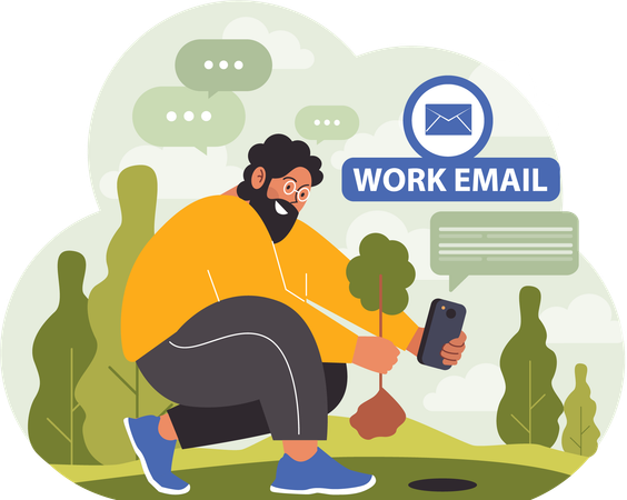 Employee receiving work email while gardening  Illustration