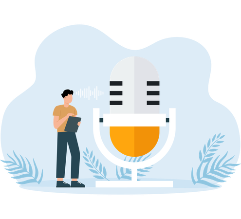 従業員がオーディオマイクで自分の声を録音する  イラスト