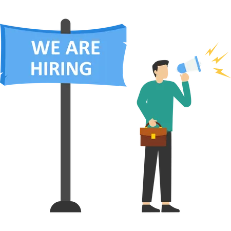 Employee Recruitment Concept Man With Megaphone Announces Vacancies And Looking For Professionals To Work In Company Vector Illustration Visual Story For Web Illustration