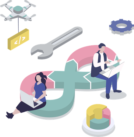 직원이 Devops 애플리케이션을 수리합니다.  일러스트레이션