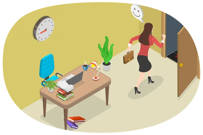 3 D Isometric Flat Vector Conceptual Illustration Of End Of The Work Day Employee Runing Away From Office Illustration
