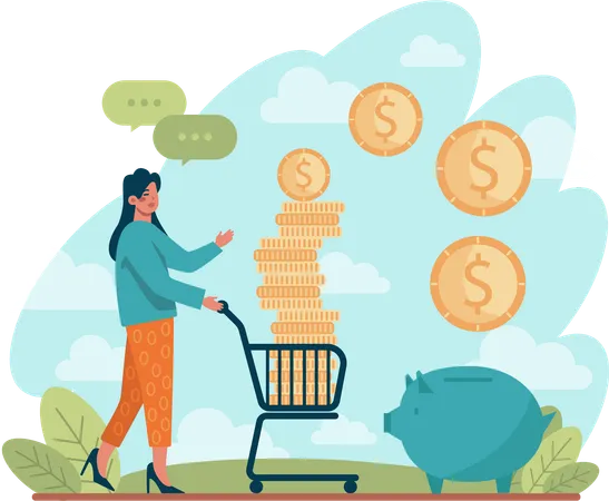 Employee saves money in shopping basket  Illustration