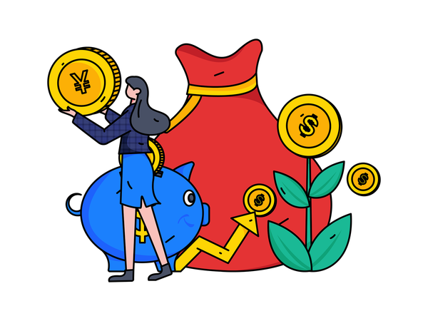 Employee saving money in money bag  Illustration