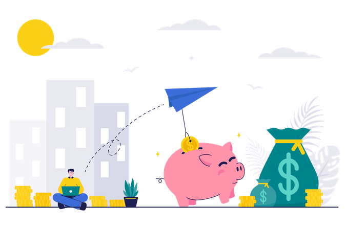 Employee Saving Money with Financial Saving Piggy Bank  Illustration