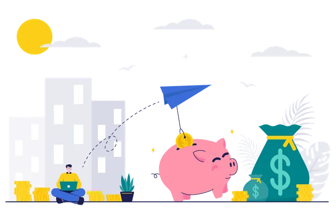 Employee Saving Money with Financial Saving Piggy Bank  Illustration