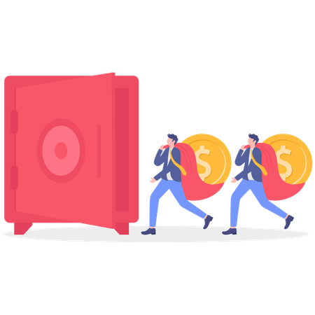 Employee secures money in safe vault  Illustration