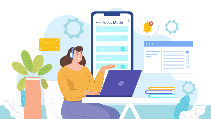 Employee sets focus mode to present in online conference  Illustration