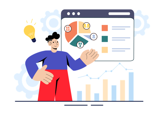 Employee shares ideas of business pie chart data  Illustration