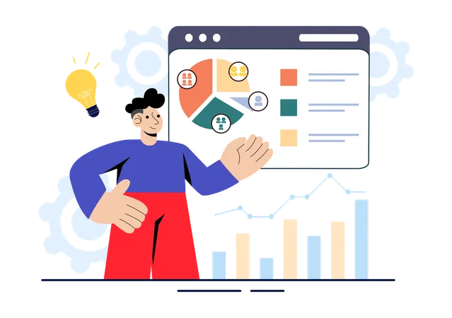 Employee shares ideas of business pie chart data  Illustration