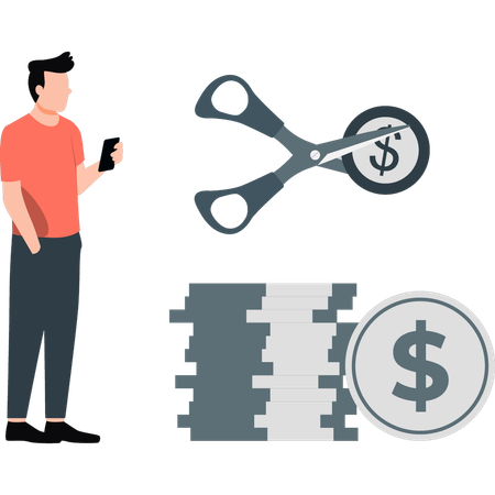 Employee showing cutting dollars with scissor  Illustration