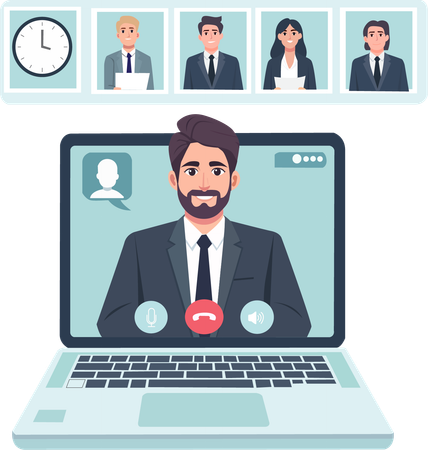 Employee showing online meeting (video conference) via laptop  Illustration