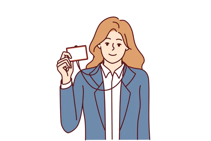 Businesswoman Demonstrating ID Badge To Gain Access To Room Or To Introduce Herself When Meeting Colleague Girl Manager In Business Clothes Shows ID Badge Giving Right Enter Office Illustration