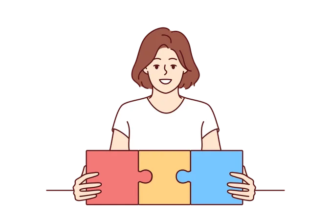 Woman Successfully Connects Pieces Of Mazaik Symbolizing Planning In Career Or Personal Life Smiling Girl Demonstrates Puzzle Design Announcing Presence Of Planning System In Business Illustration