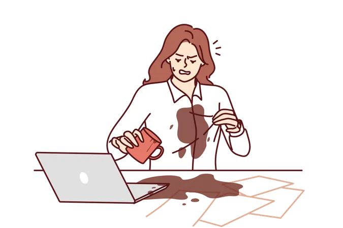 Woman Spilled Coffee On Shirt Doing Office Work And Sitting At Table With Laptops And Documents Clumsy Girl Spilled Hot Drink On Table Due To Carelessness Or Tiredness After Long Work Illustration