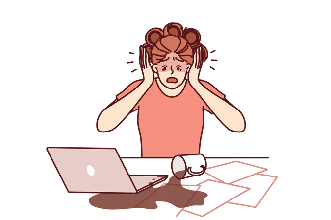 Clumsy Businesswoman Spilled Coffee On Laptop And Documents Due To Tiredness Or Chaos On Desktop Woman Freelancer Screaming Spilling Coffee On Computer And Important Unrecoverable Papers Illustration
